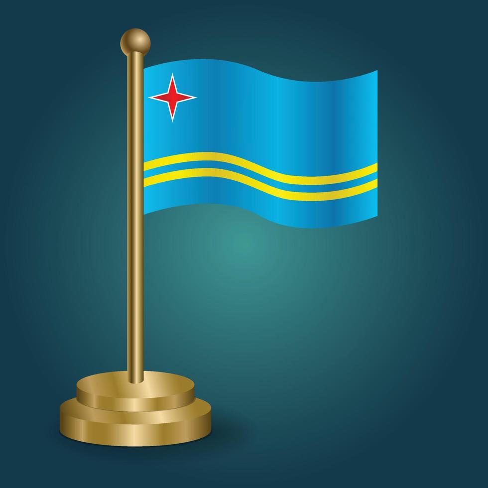 Aruba national flag on golden pole on gradation isolated dark background. table flag, vector illustration