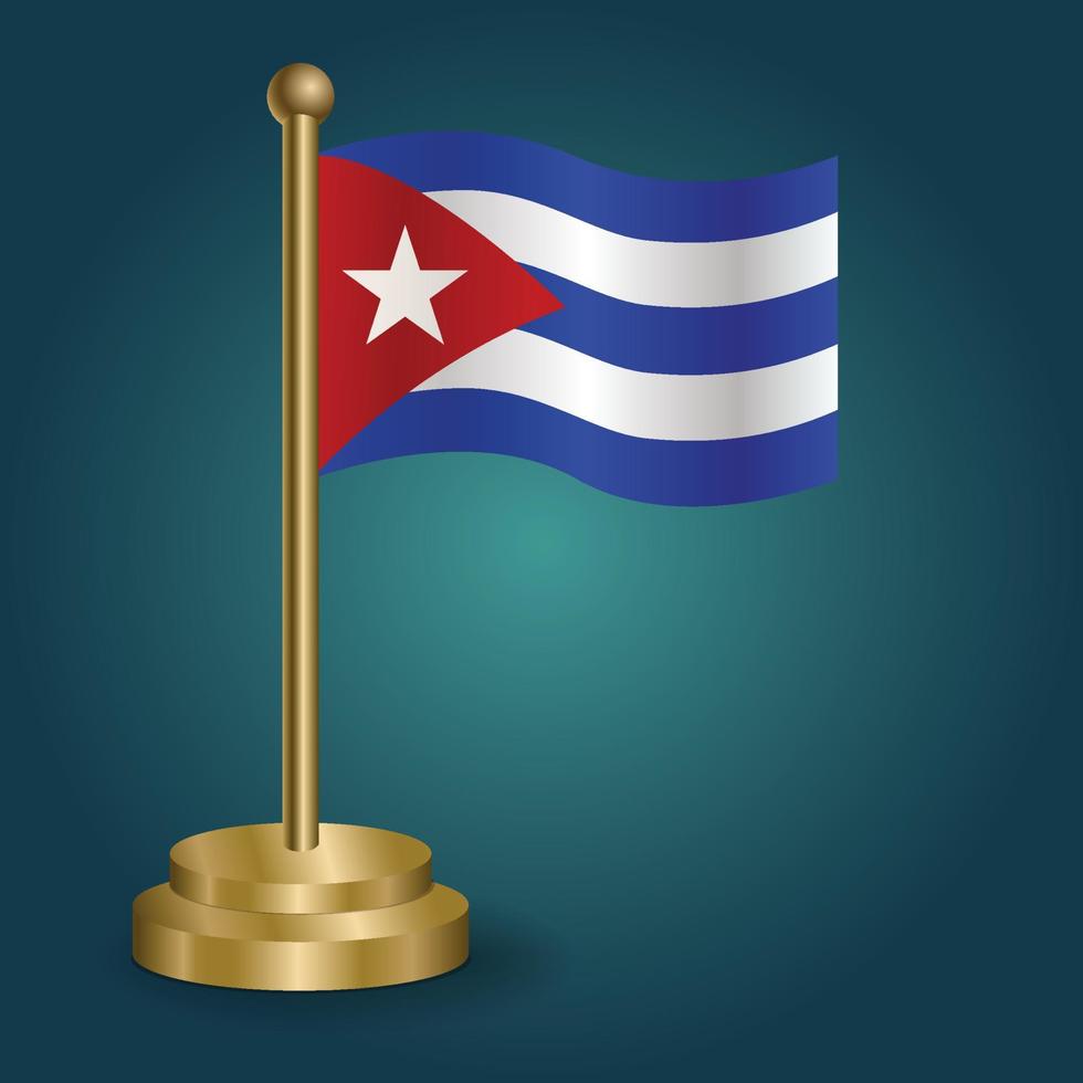 Cuba national flag on golden pole on gradation isolated dark background. table flag, vector illustration