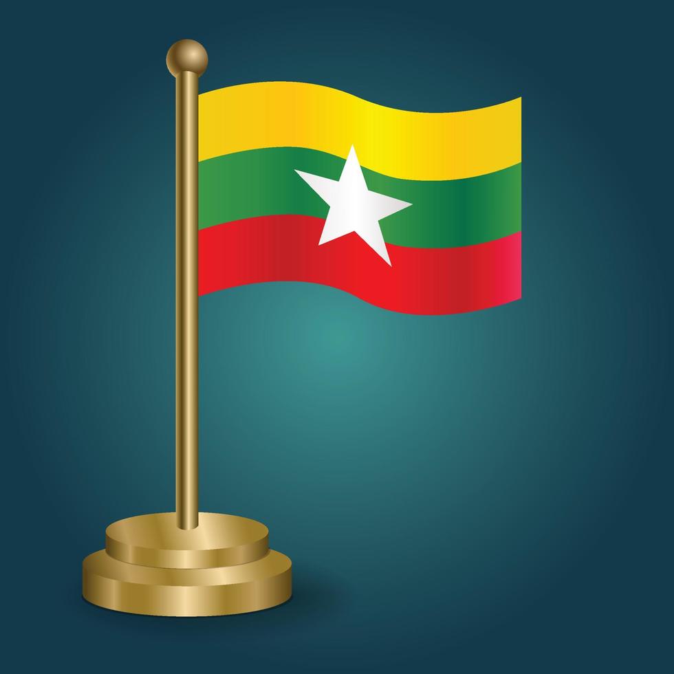 Myanmar national flag on golden pole on gradation isolated dark background. table flag, vector illustration