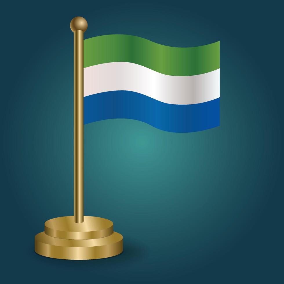 Sierra Leone national flag on golden pole on gradation isolated dark background. table flag, vector illustration