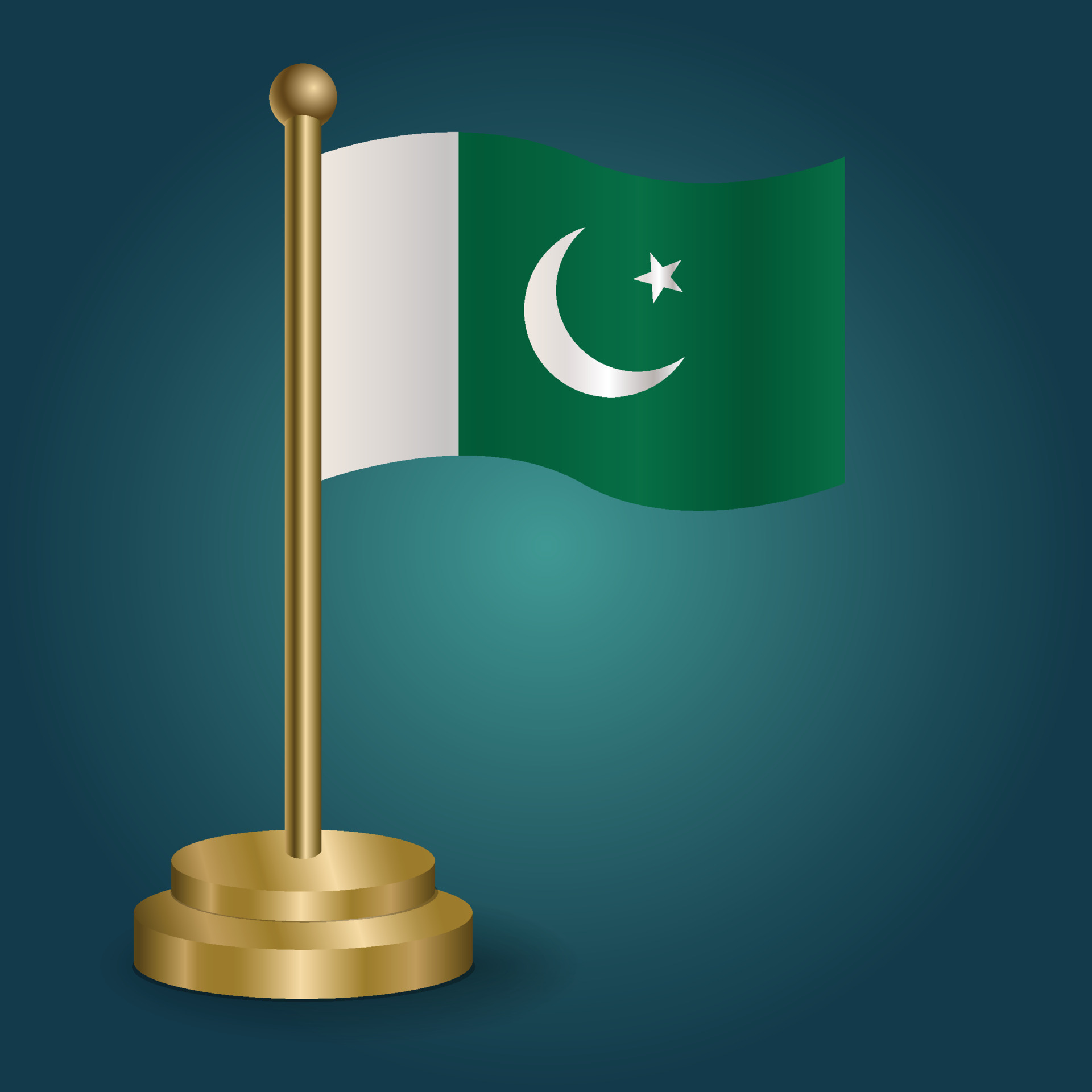 Pakistan national flag on golden pole on gradation isolated dark