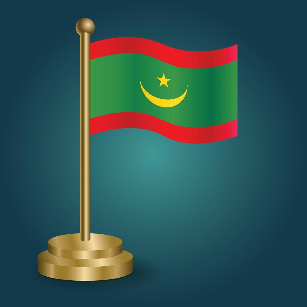 Mauritania national flag on golden pole on gradation isolated dark background. table flag, vector illustration