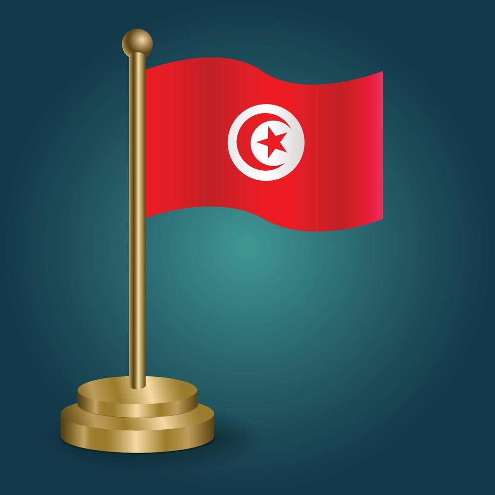 Tunisia national flag on golden pole on gradation isolated dark background. table flag, vector illustration