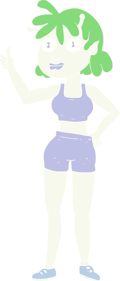 ilustración de color plano de una chica de gimnasio alienígena de dibujos animados vector