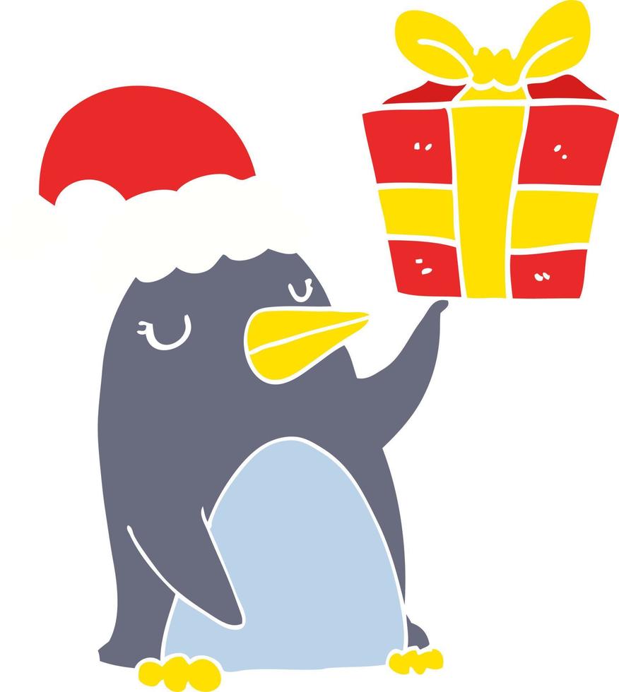 flat color style cartoon penguin with christmas present vector