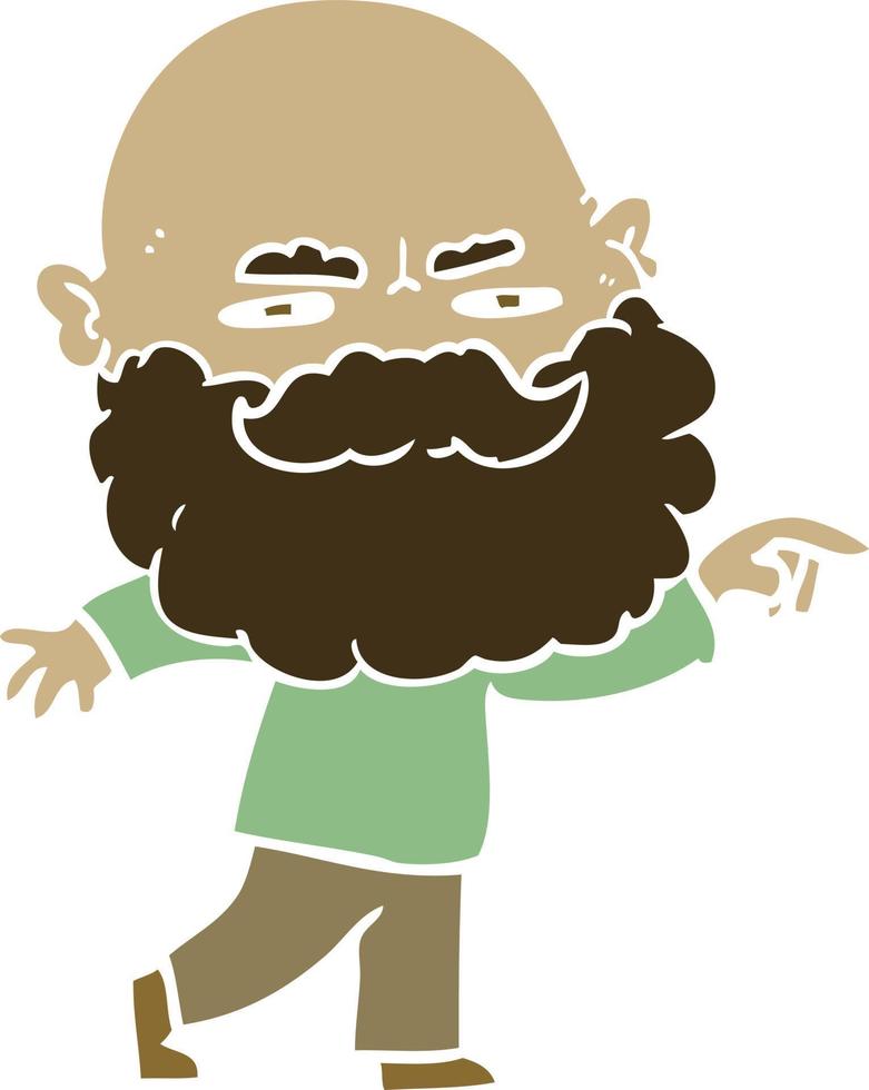 hombre de dibujos animados de estilo de color plano con barba frunciendo el ceño y señalando vector