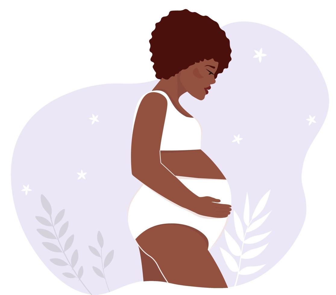 Young beautiful African pregnant woman in profile. Waiting for a child. A girl with a big belly in underwear. Vector graphics.