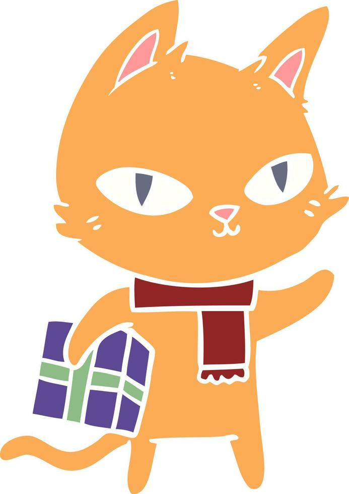 flat color style cartoon cat with gift vector