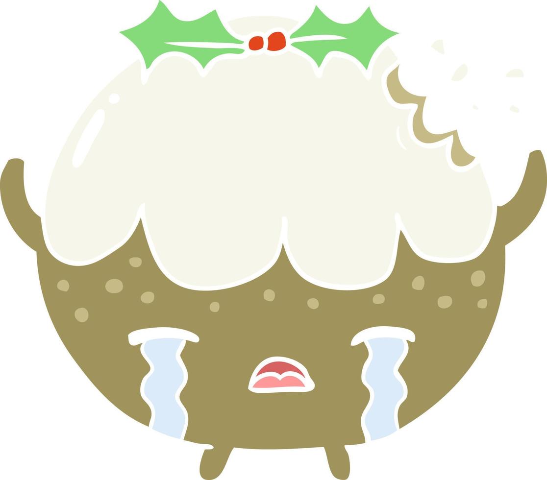 flat color style cartoon christmas pudding crying vector