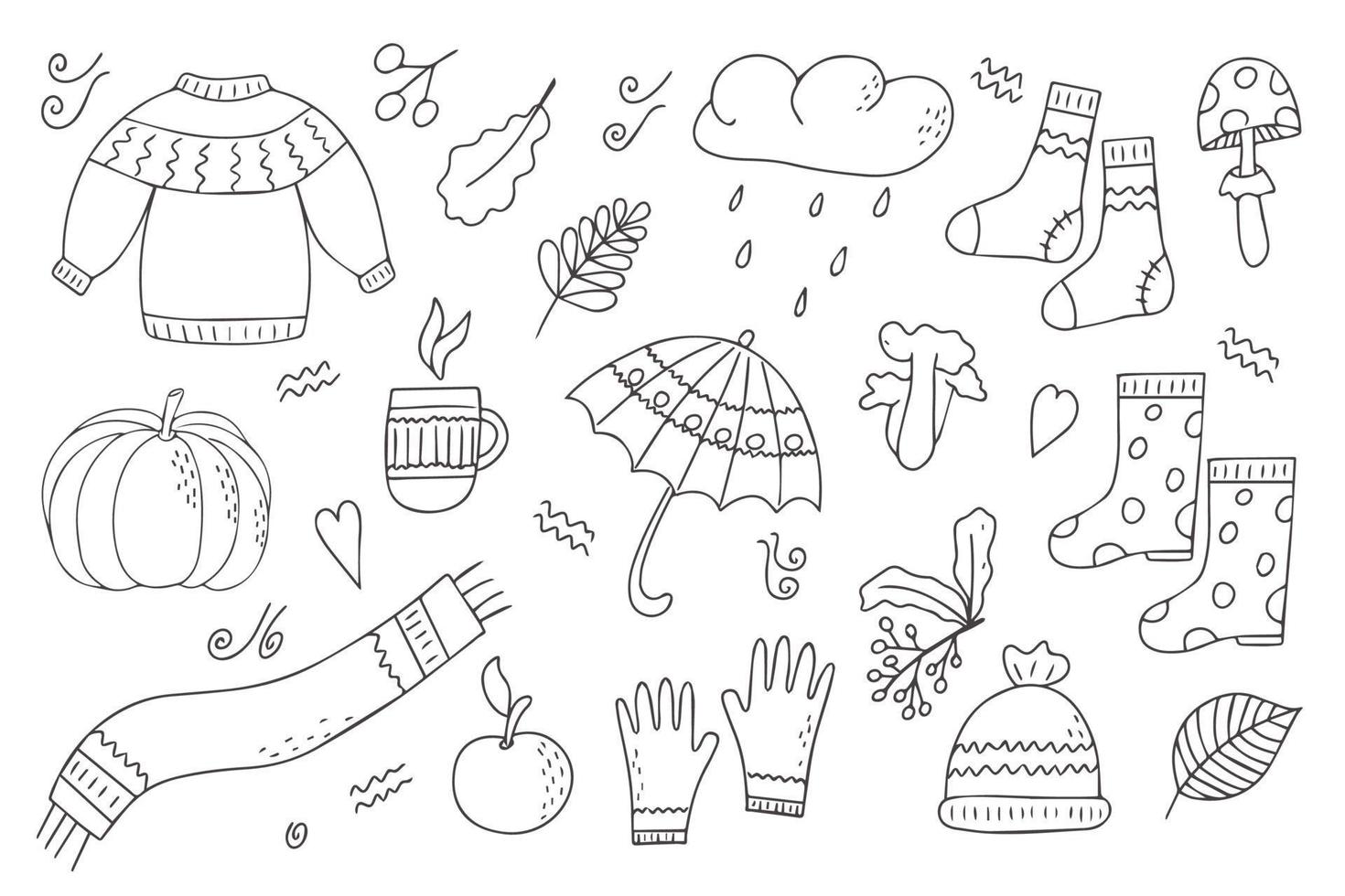 Set of autumn accessories in black and white outline. Coloring pages. Doodle style. Hello, Autumn. Design or sticker. Isolated vector illustration