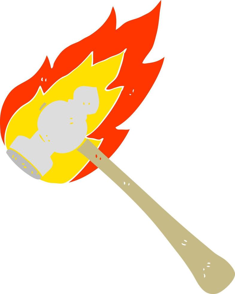 flat color illustration of a cartoon flaming hammer vector