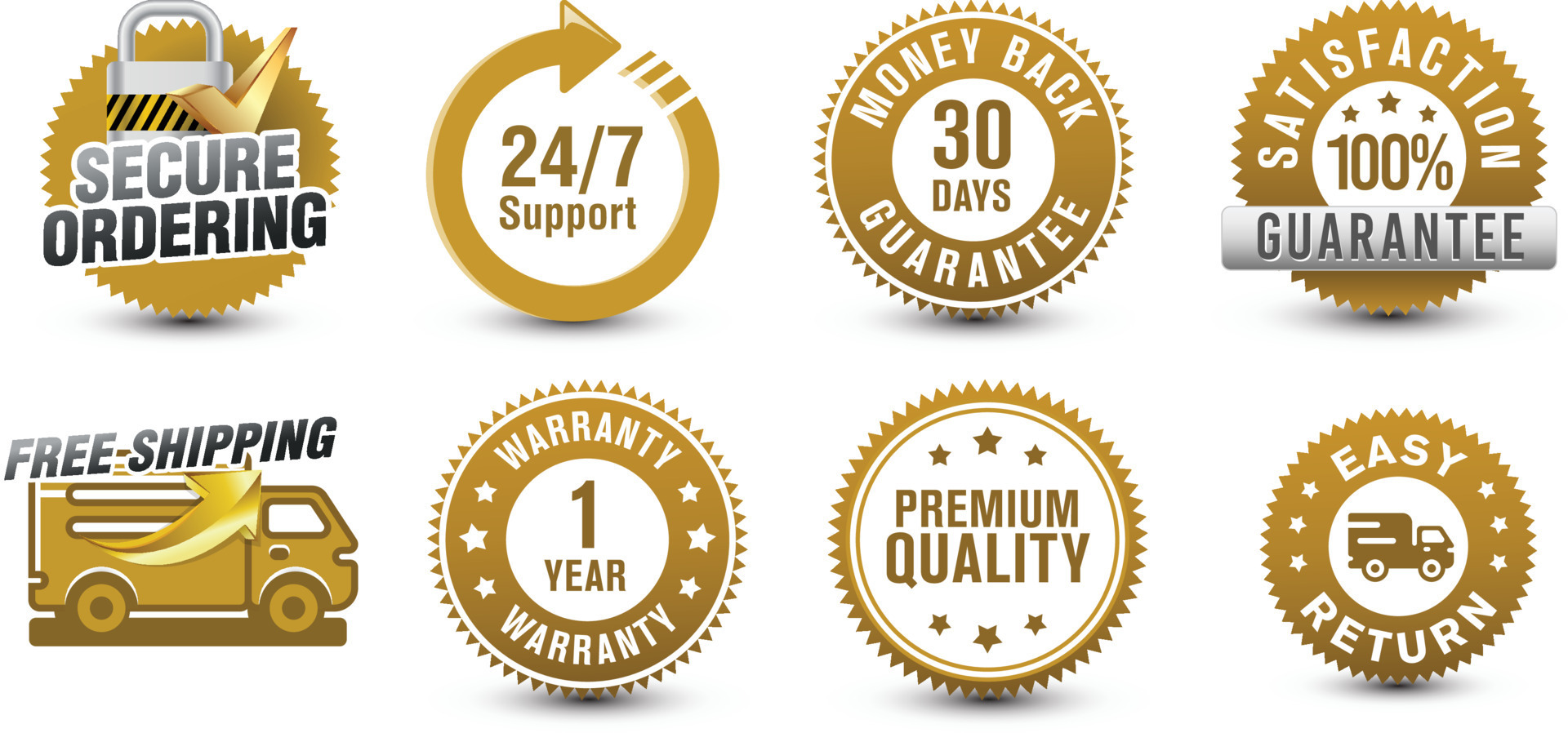 Ecommerce golden colored security badges of secure ordering, 24 hours ...