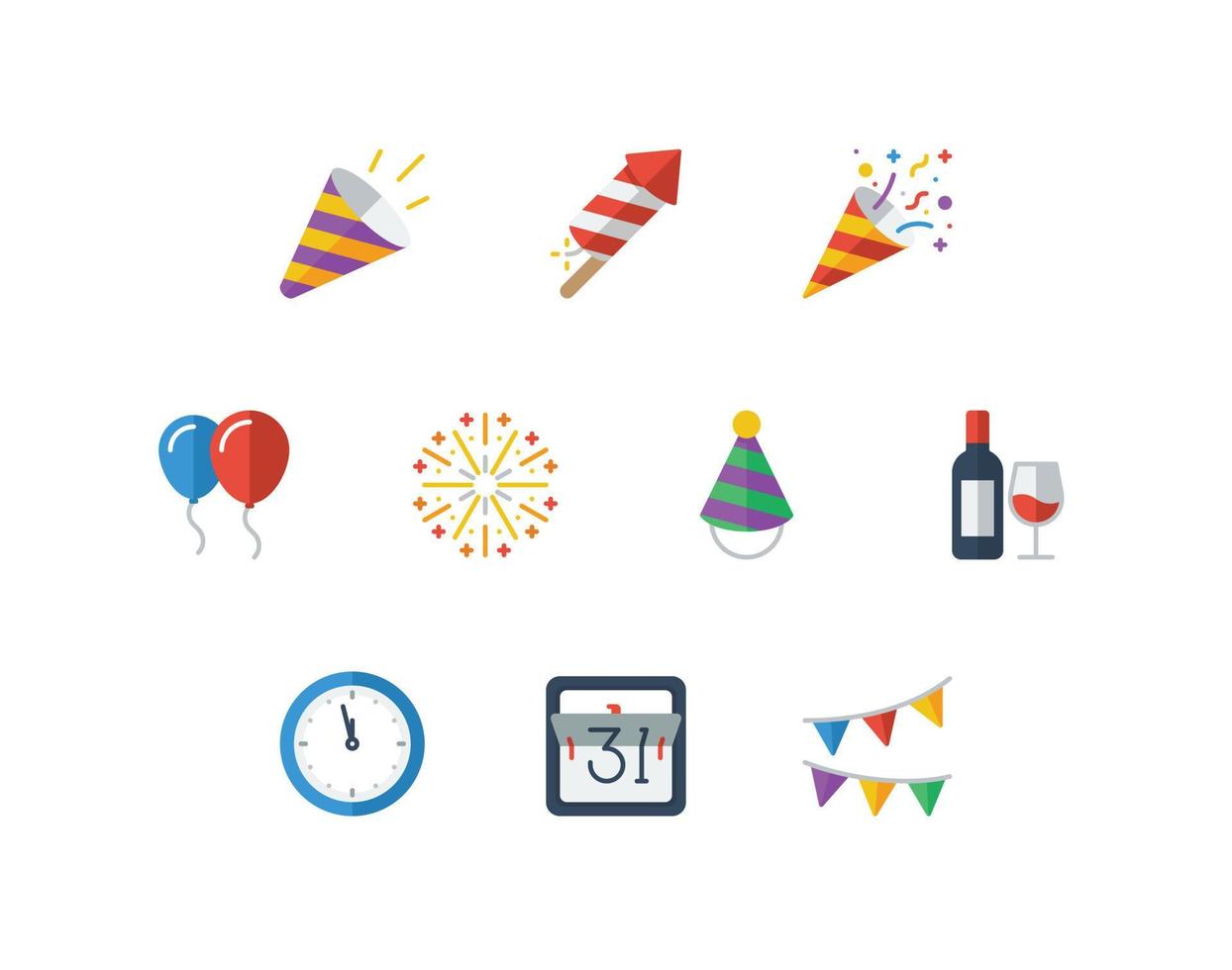 conjunto de iconos de color plano de año nuevo con iconos relacionados con la fiesta vector