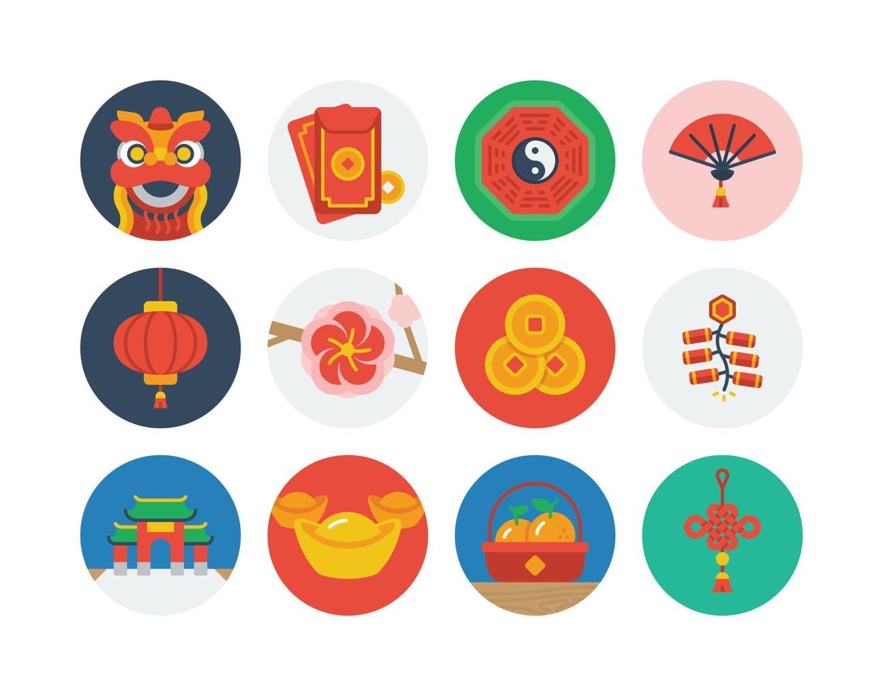 conjunto de iconos de insignia de círculo plano de año nuevo lunar chino con iconos relacionados con china vector
