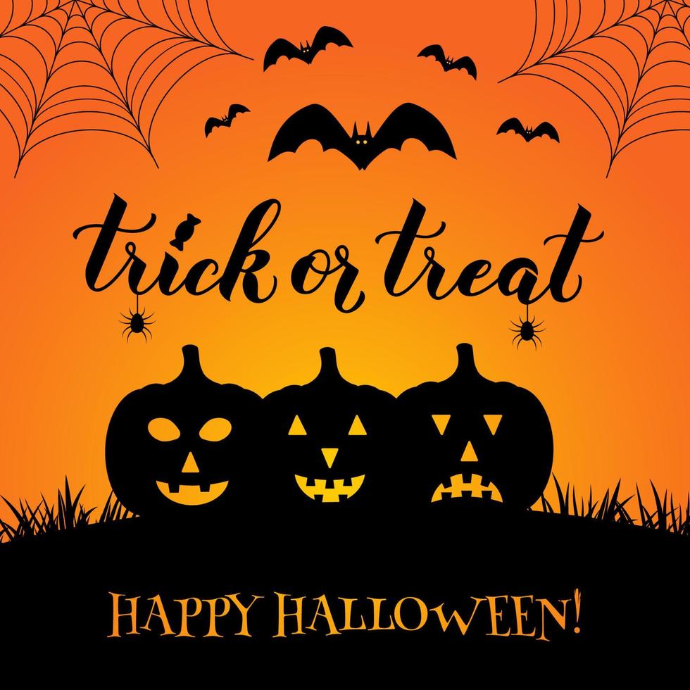 Trick or Treat Halloween quote hand lettering with pumpkins, bats, spiders and web. Easy to edit vector template for greeting card, banner, typography poster, party invitation, postcard, etc.