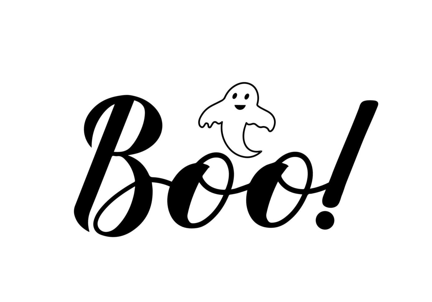 Boo hand lettering with cute cartoon ghost isolated on white. Easy to edit vector template for Halloween greeting card, banner, typography poster, party invitation, t-shirt, etc.