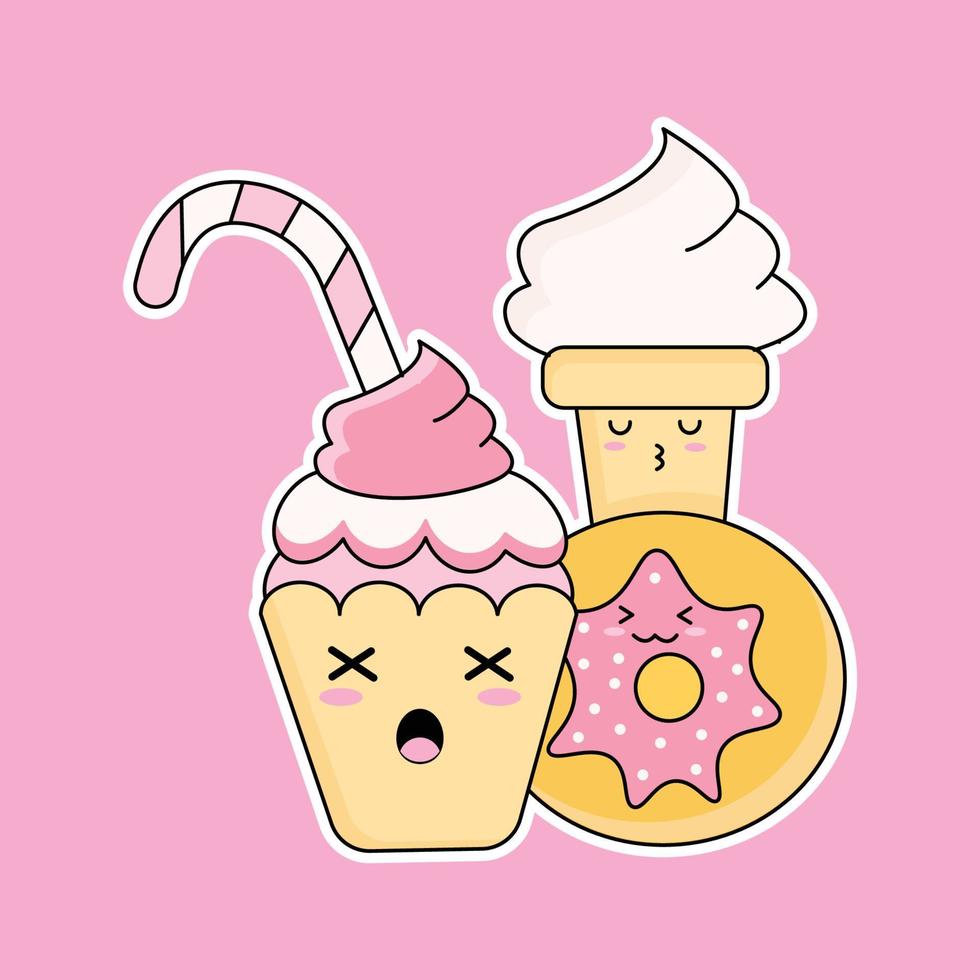 donut, ice cream and cup cake isolated on pink background vector