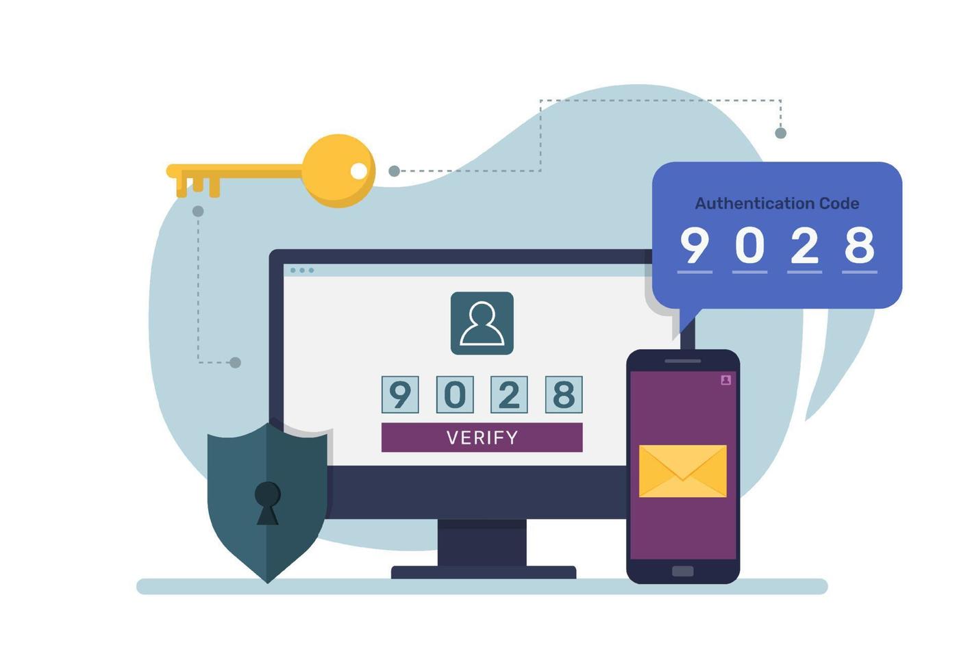 Authentication code illustration for site. Verification pin code, security code message notification, two step authentication in control system for personal account and banking vector