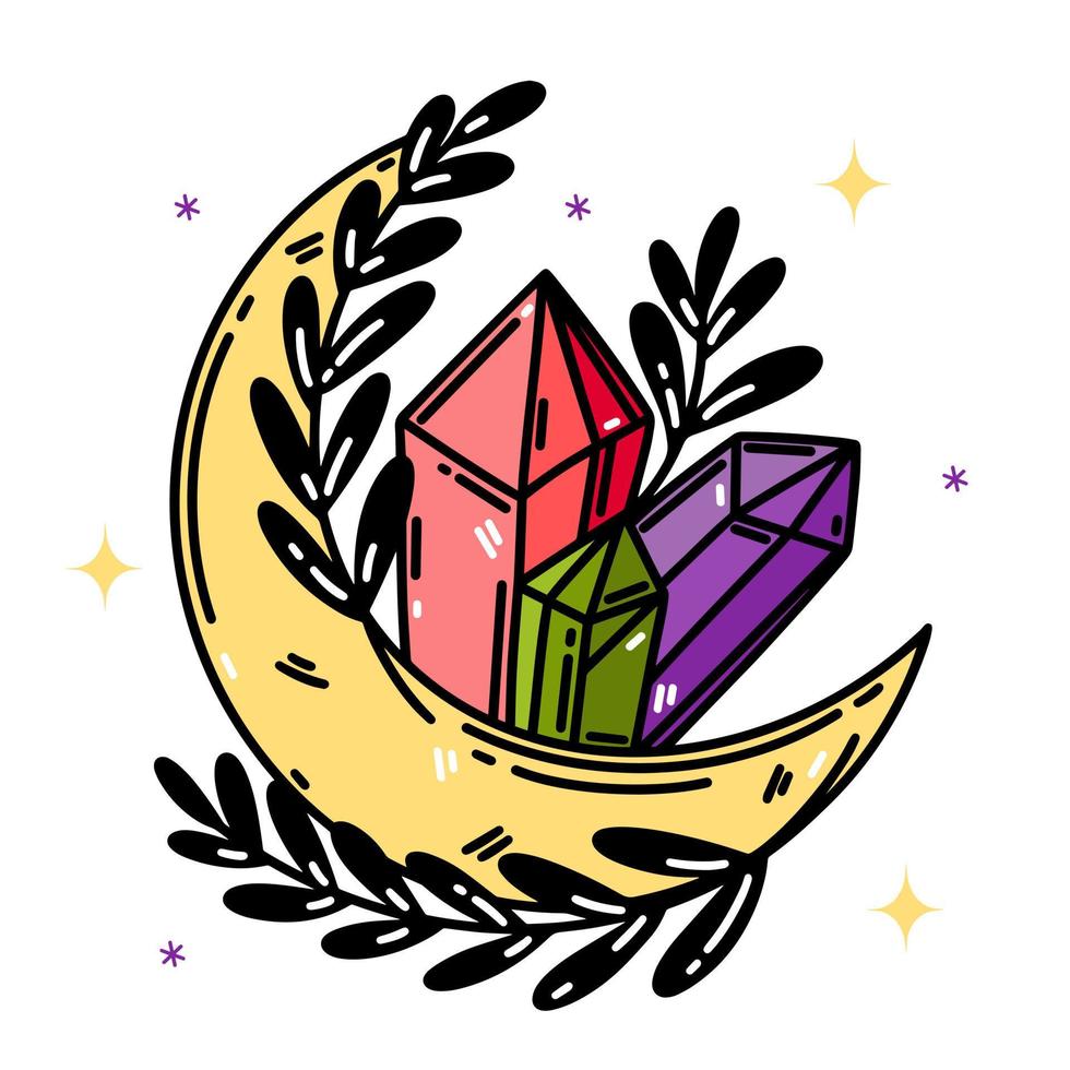 icono de vector de cristal de luna mágica. cuarzo, flores, media luna. piedra lunar celestial brillante aislada en blanco. imágenes prediseñadas de dibujos animados planos. ilustración para logotipo, web, cosméticos, juegos, tarjetas, impresiones, carteles