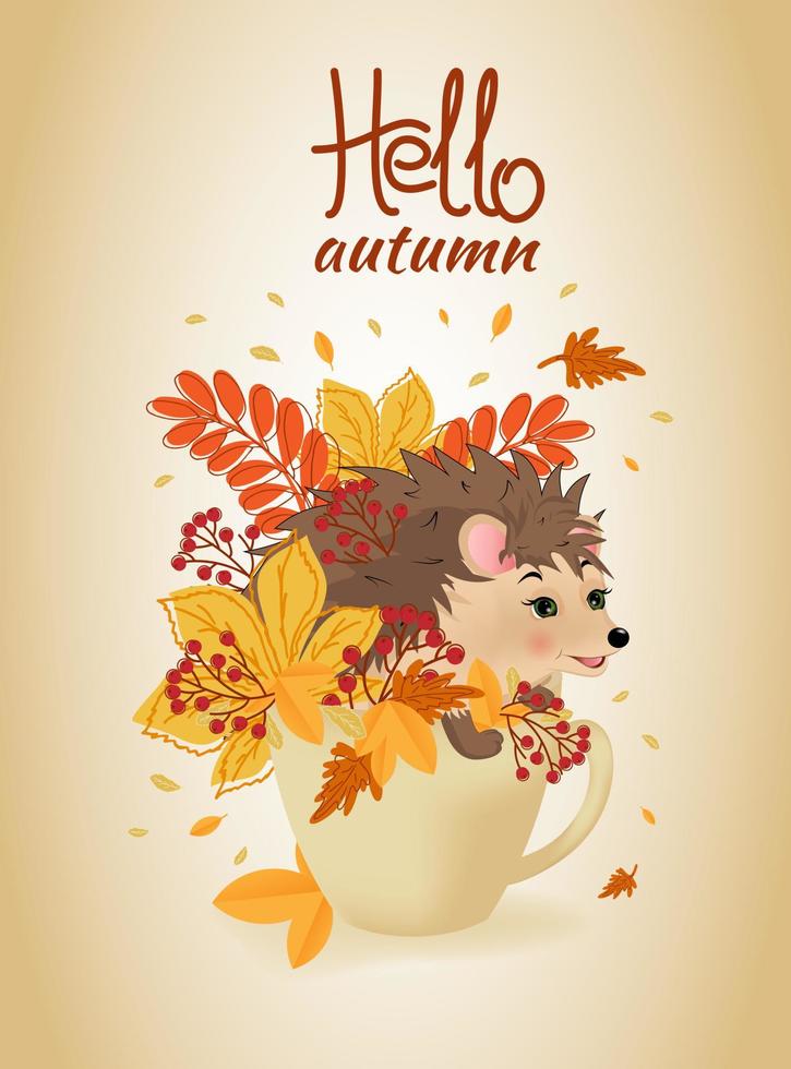 postal de otoño con hojas, calabazas y erizo en taza vector