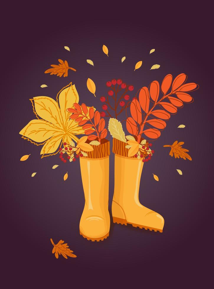 Hola otoño. hojas de otoño, rama con bayas de serbal en botas de goma. pancarta, postal, afiche. vector