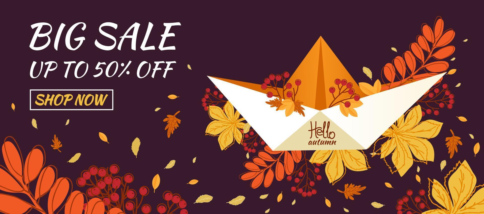 banner de venta de otoño. Hola otoño. barco de papel con hojas de otoño. vector