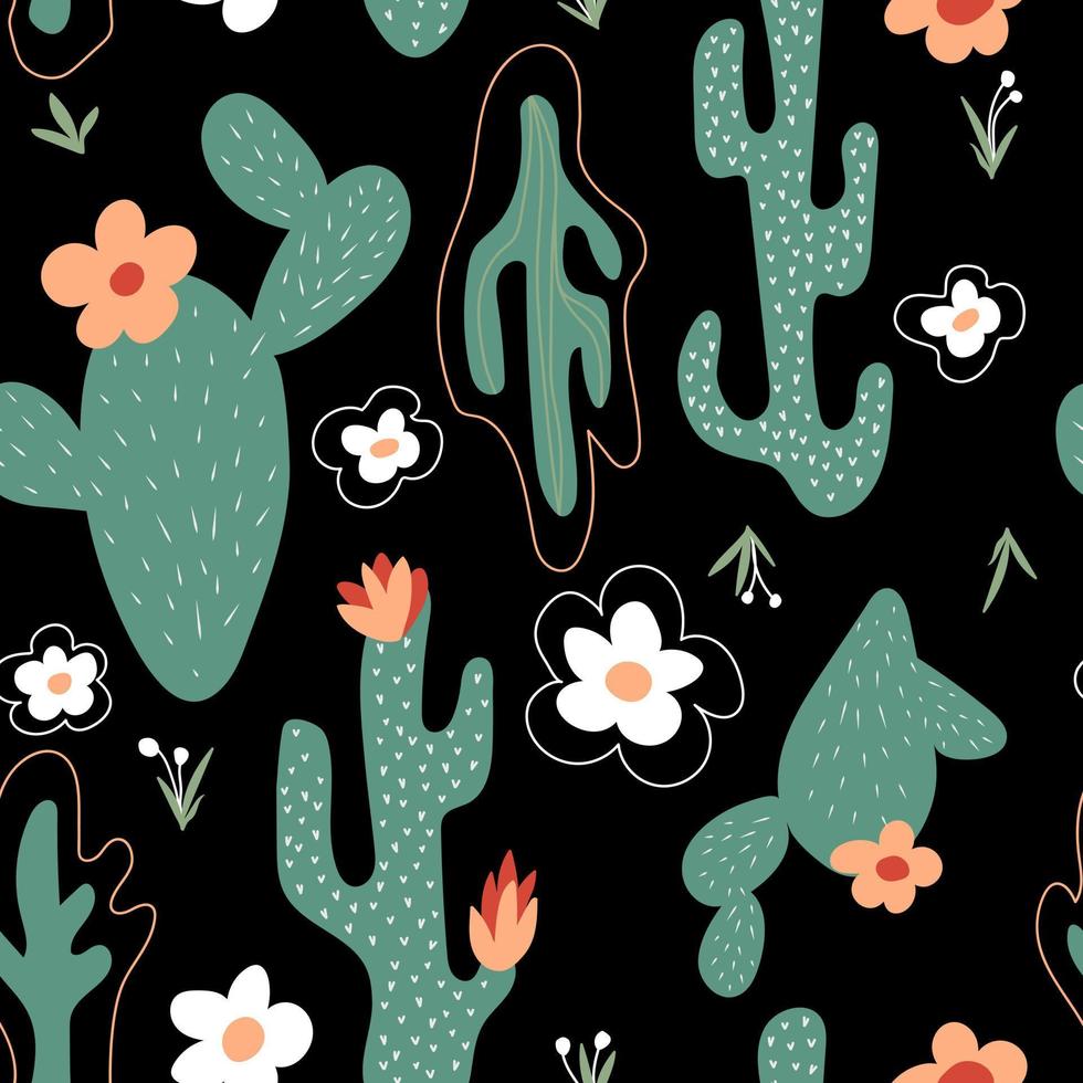 Seamless pattern with cactus, flowers, grass. vector