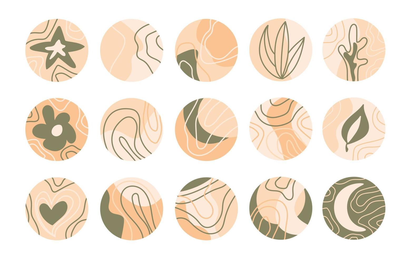 Set of round highlight covers with abstract shapes, wavy lines and plants. vector