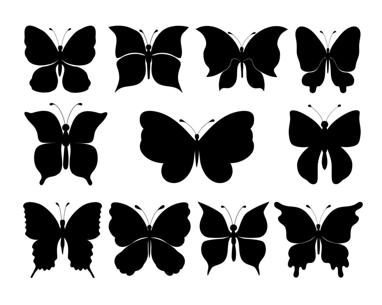 establecer siluetas de mariposas. 11 siluetas negras sobre fondo blanco. vector