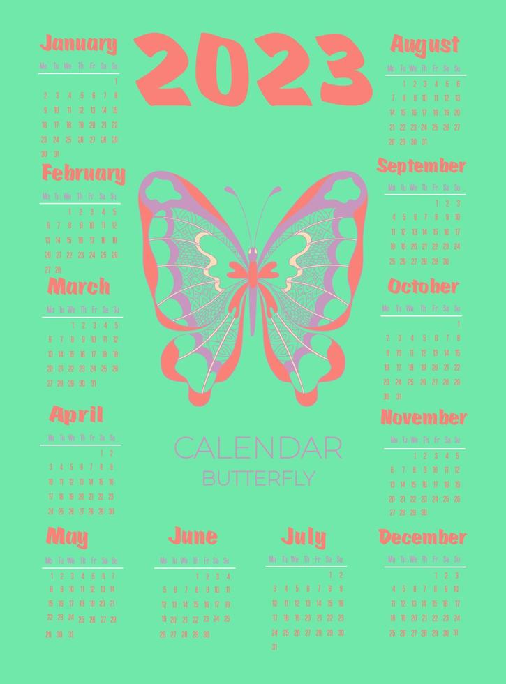 Calendar 2023 with butterfly in zentangle style. Week starts on Monday. vector