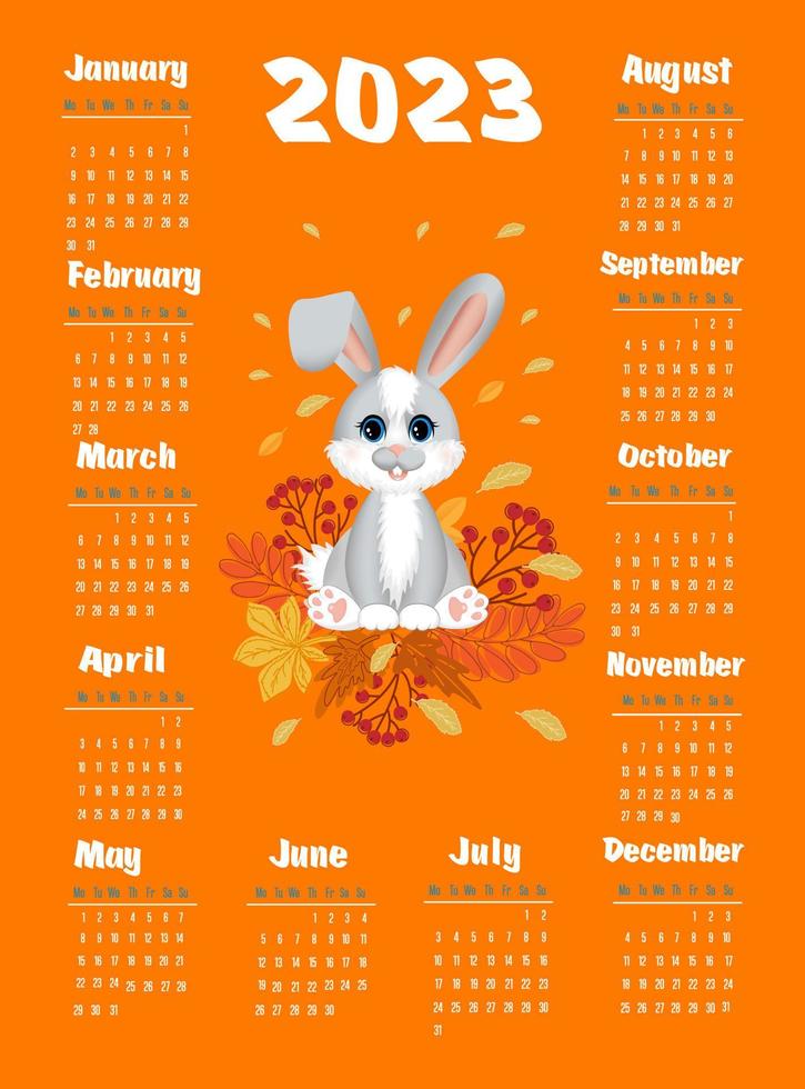 Calendar 2023 with symbol of the year hare or rabbit. Cute little hare or rabbit in cartoon style. Week starts on Monday. vector