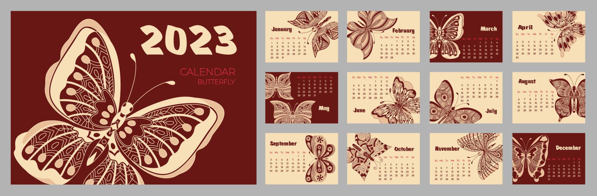 Calendar 2023 with butterfly in zentangle style. Week starts on Sunday. vector