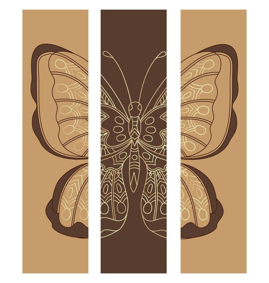 Set of bookmarks with caly tropical butterfly in chocolate colors. vector