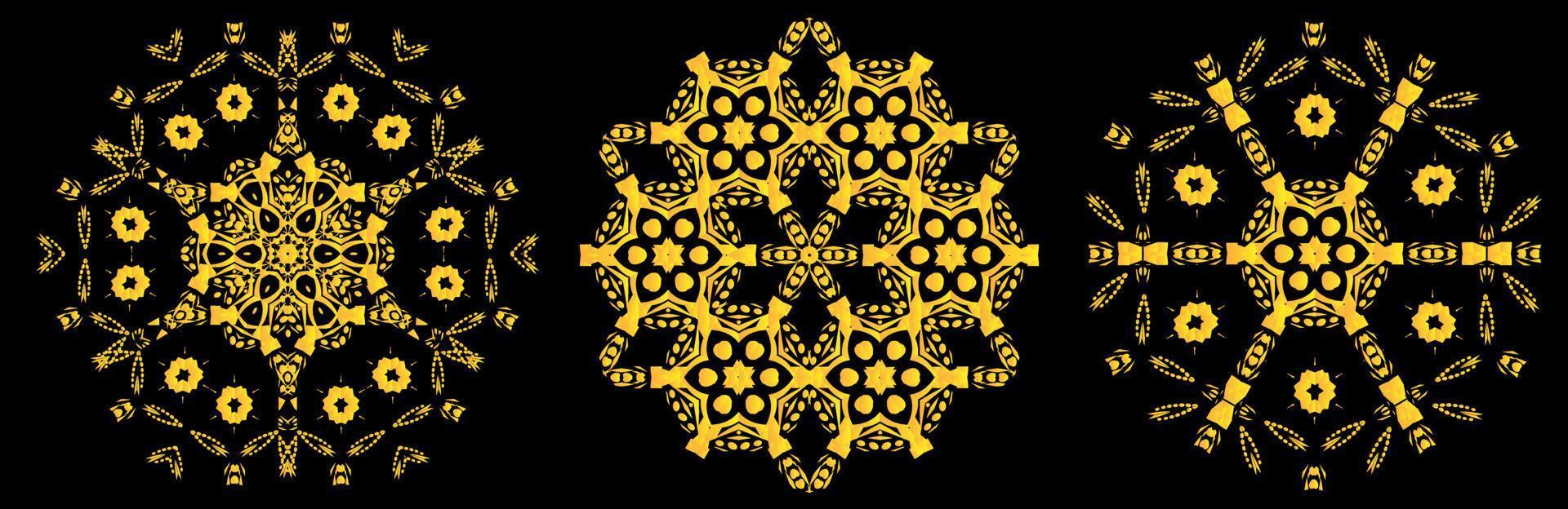 Set of circular geometric ornaments on black background. vector