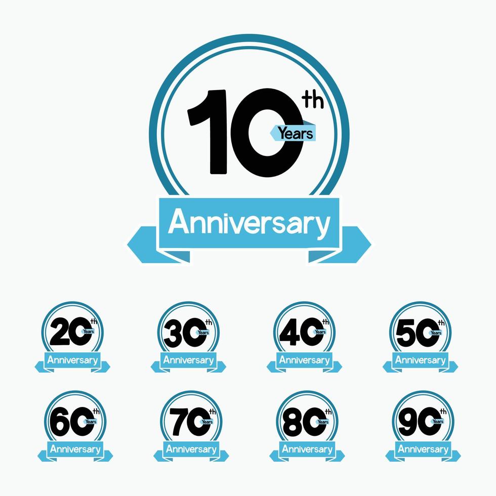 set of Anniversary 10, 20, 30, 40, 50, 60, 70, 80, 90 years on white background. vector