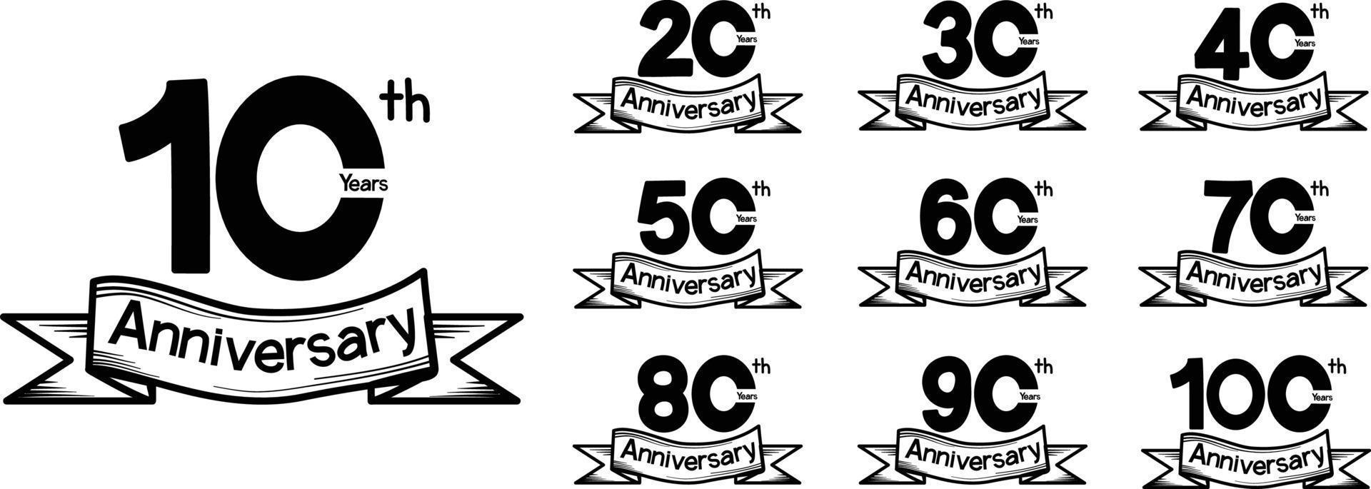 set of Anniversary 10, 20, 30, 40, 50, 60, 70, 80, 90, 100 years on white background. vector