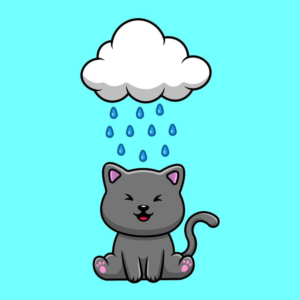 lindo gato sentado bajo la ilustración de iconos de vector de dibujos animados de nube de lluvia. concepto de caricatura plana. adecuado para cualquier proyecto creativo.