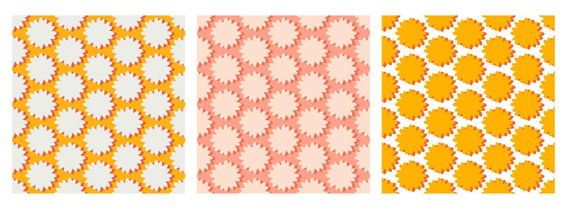 groovy background. Seamless bright repeat pattern of simple blooming flowers in 1970s psychedelic hippie style. graphic decor ornament in retro design. vector illustration