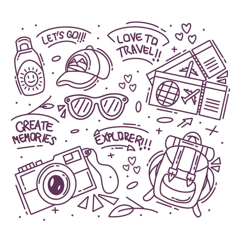 Hand drawn traveling icon set collection vector