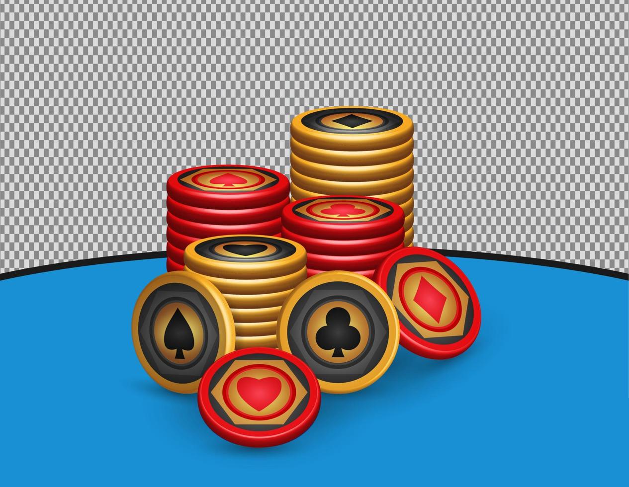 Gold and red poker chip set, with symbols Diamonds, sticks, hearts, spades, game design elements, 3d vector illustration, stack of chips for casino