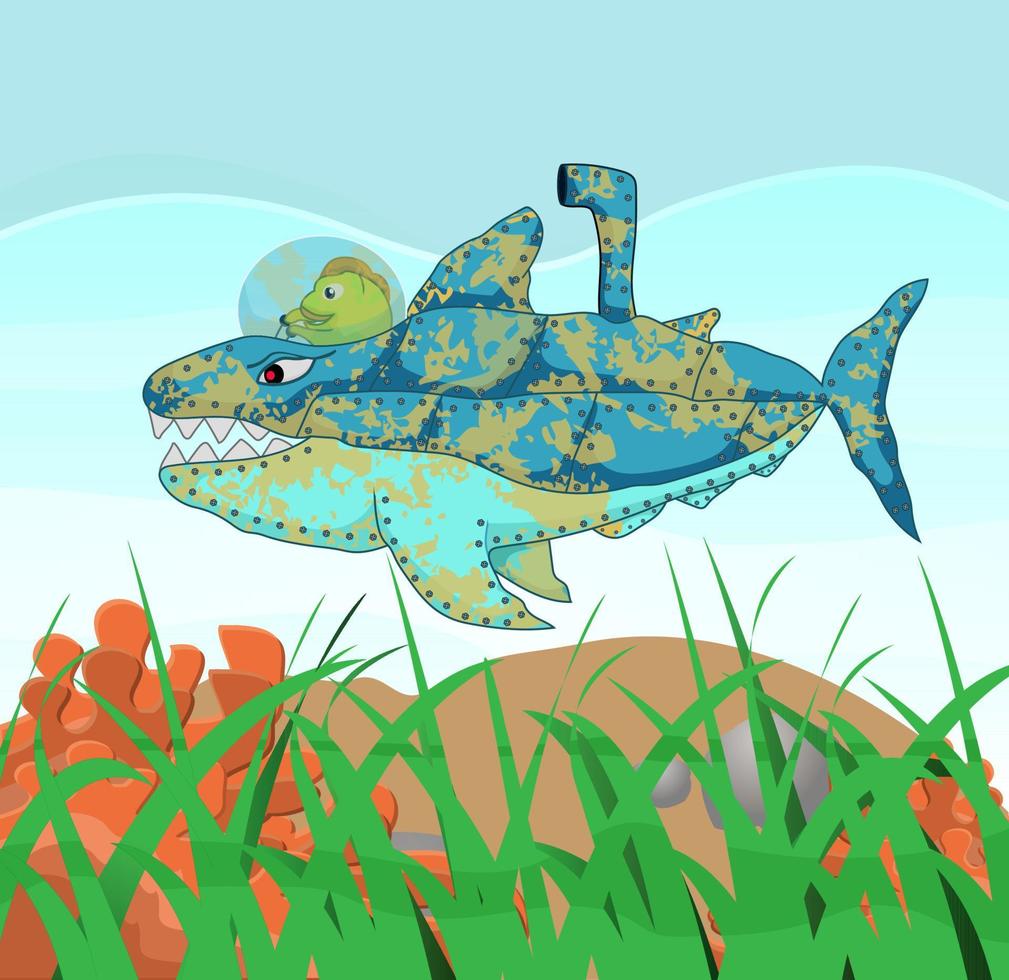 cute cartoon submarine shark in the water vector