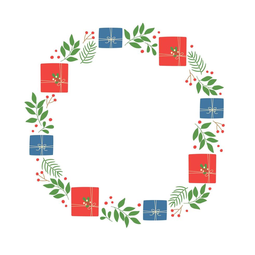 Winter wreath with gift boxes, twigs and berries. Template for Christmas greeting card, invitation, poster, banner, print. Isolated vector illustration