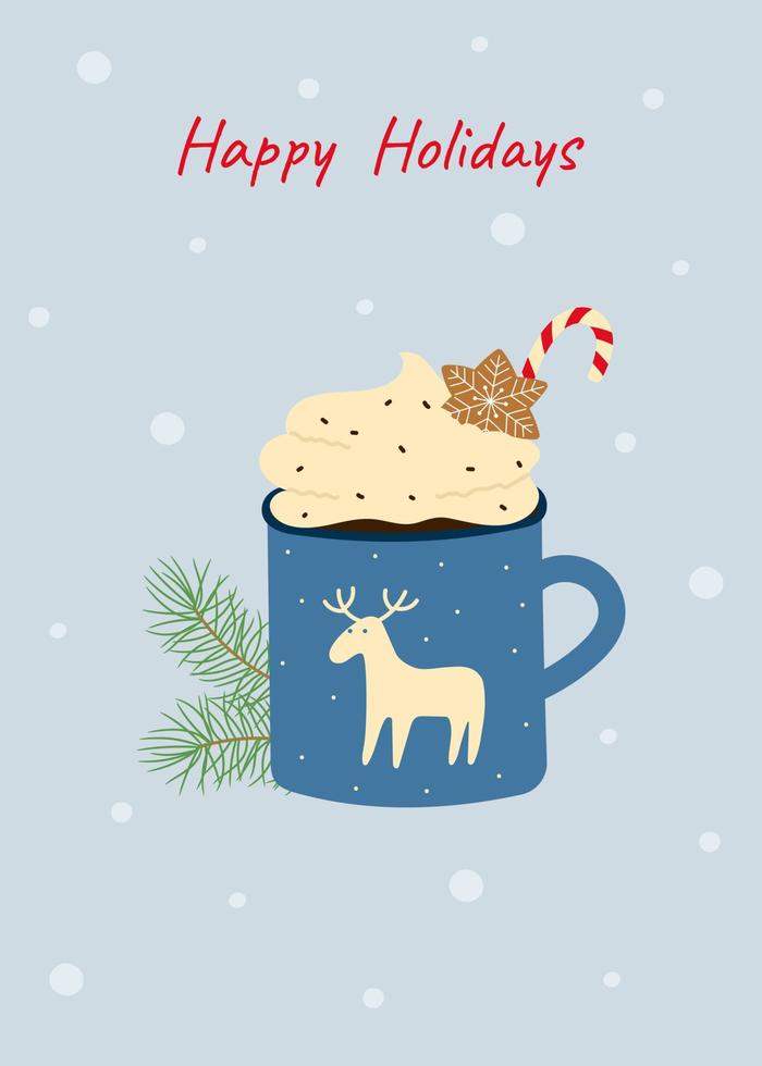 Christmas greeting card with cup of cocoa. Hand drawn mug of hot chocolate with whipped cream, candy cane, gingerbread cookie and pine twigs. vector