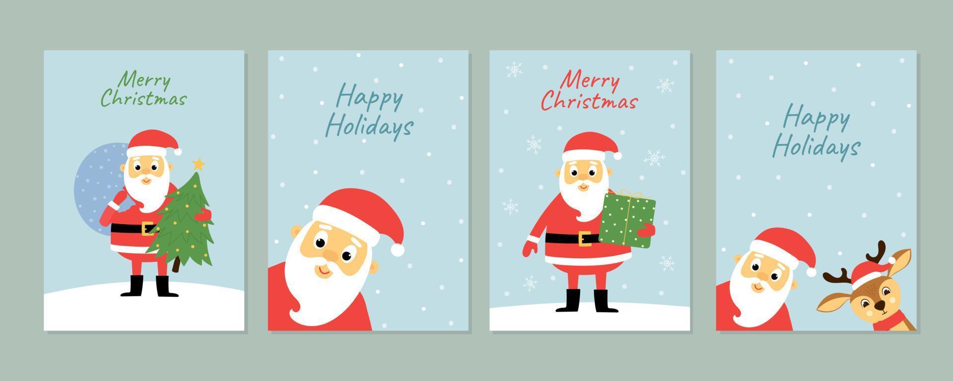 Set of Christmas greeting cards with cute cartoon Santa Claus character. Template for invitation, poster, banner vector