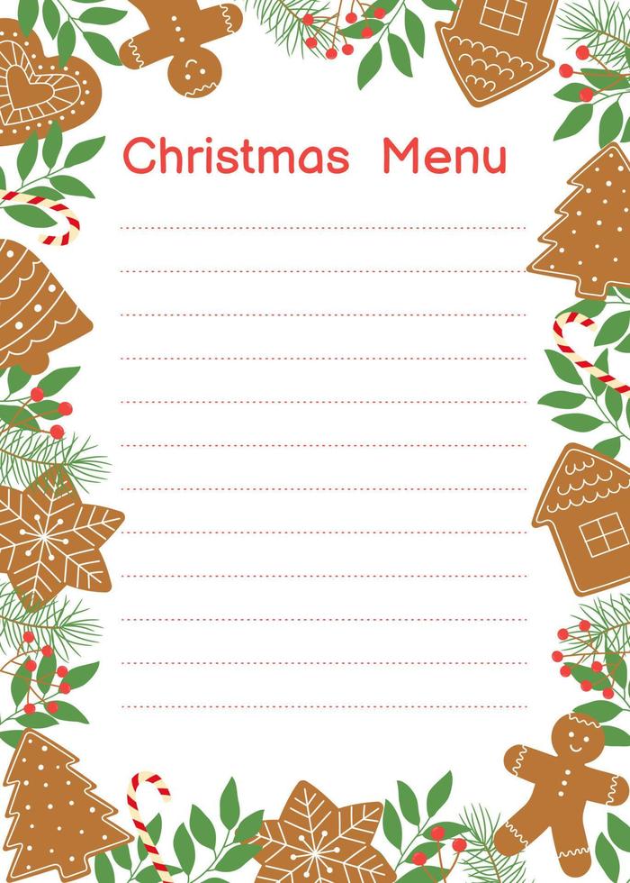 Template of Christmas menu with gingerbread cookies frame. Winter homemade sweets, twigs and berries vector