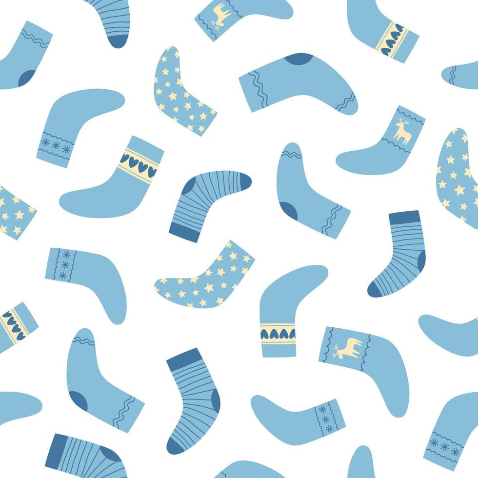 patrón sin costuras de calcetines navideños azules sobre fondo blanco. estilo garabato. fondo de invierno de navidad. vector