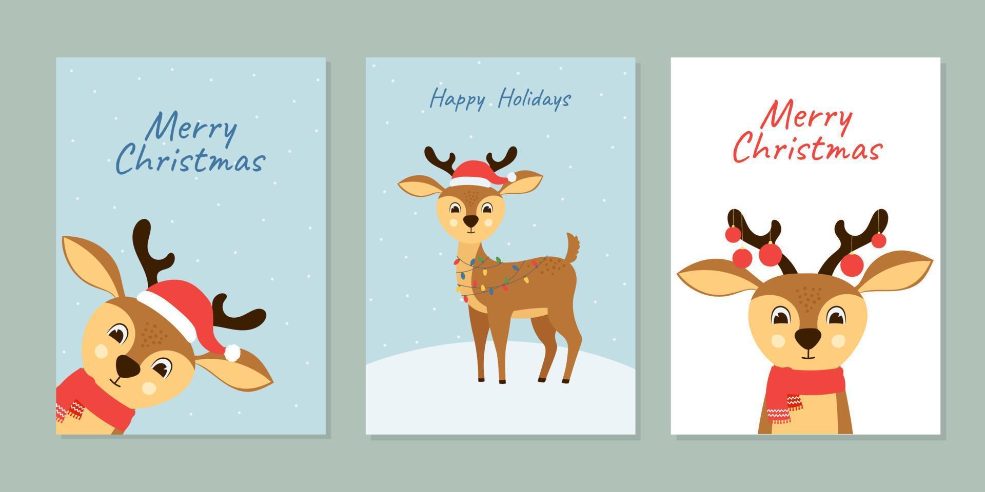 Set of Christmas greeting cards with cute deer. Hand drawn cartoon reindeer with accessories vector
