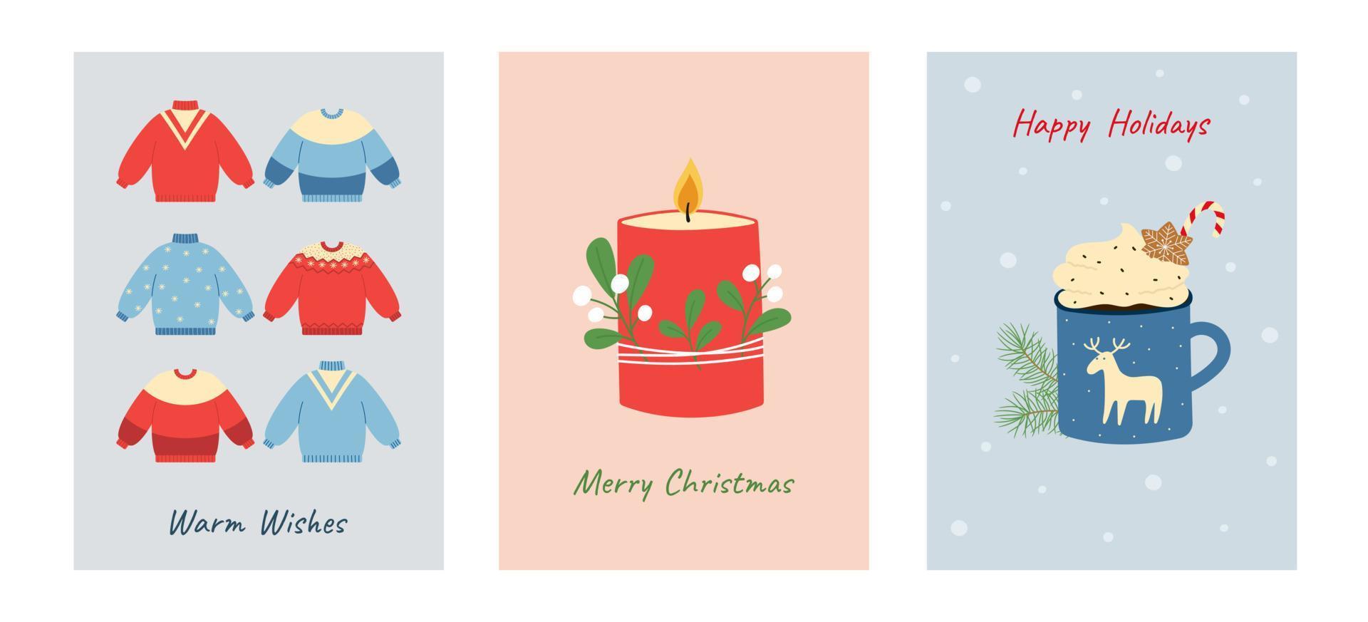 conjunto de tarjetas de felicitación con diseños navideños de invierno. plantilla para postal, afiche, pancarta, invitación y tarjeta de felicitación. vector