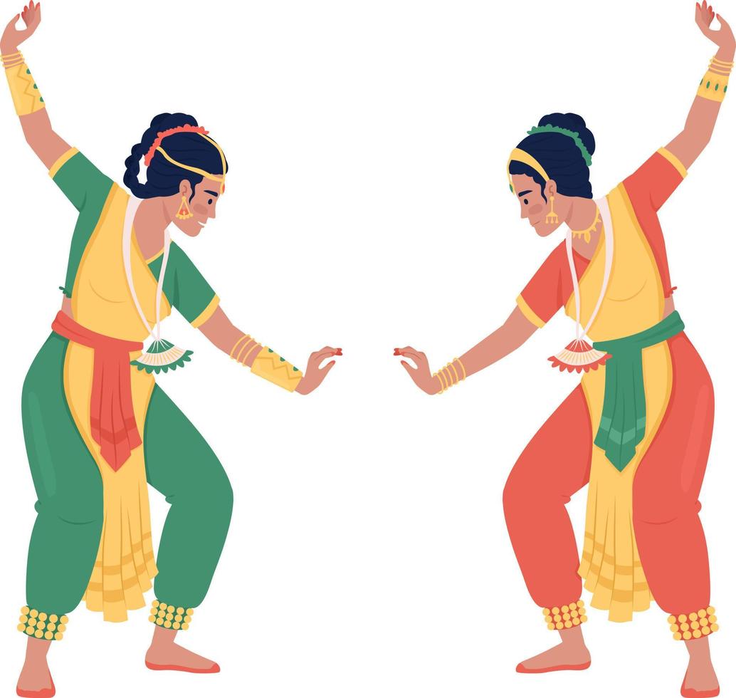 mujeres realizando danza espiritual en personajes vectoriales de color semiplano de diwali. figuras editables. personas de cuerpo completo en blanco. ilustración de estilo de dibujos animados simple para diseño gráfico web y animación vector