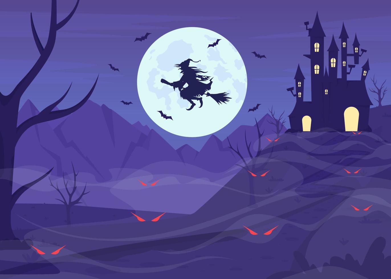 bruja voladora en la ilustración de vector de color plano de palo de escoba. Magia de luna llena. estética aterradora para el festival de otoño. personaje de dibujos animados simple 2d completamente editable con espeluznante noche de halloween en el fondo